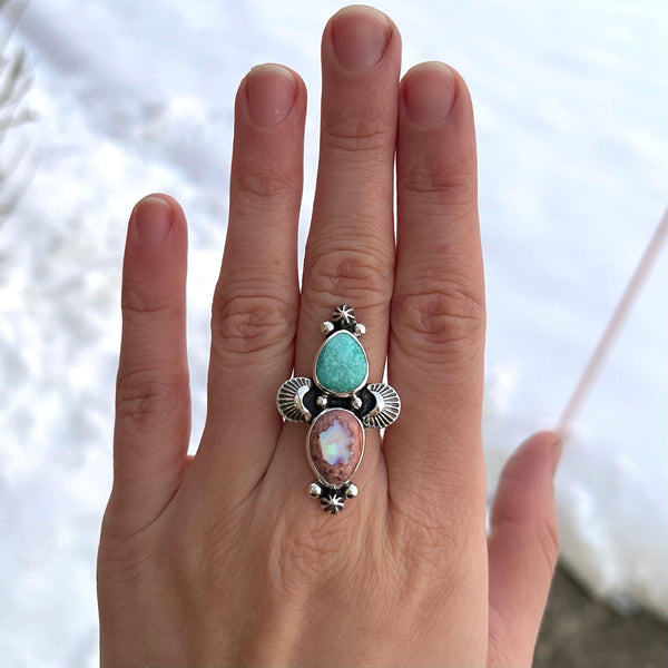 White Water Turquoise + Cantera Fire Opal Ring (size 6.5)